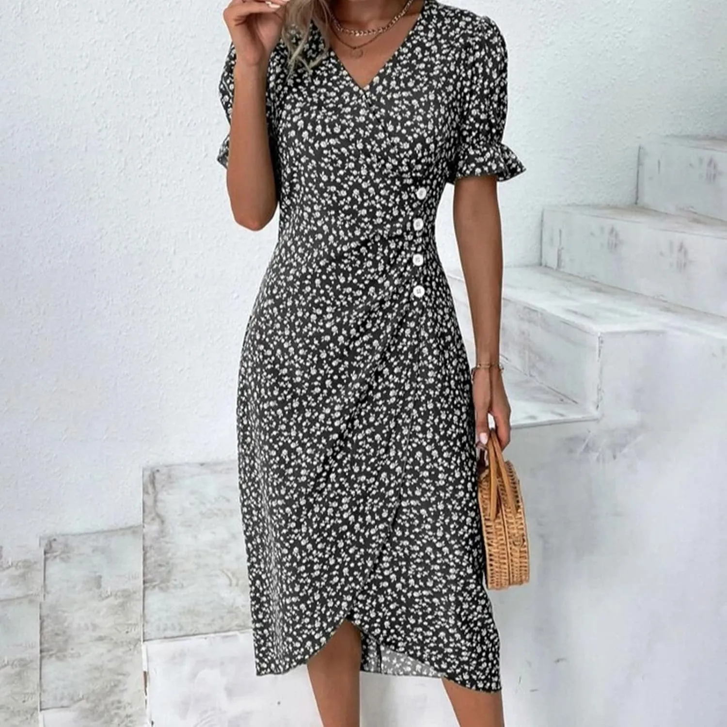 Womens Button Down Summer Dress 2025 Spring Flutter Sleeve Cotton Linen Dress with Pockets Beach A Line Casual Dress